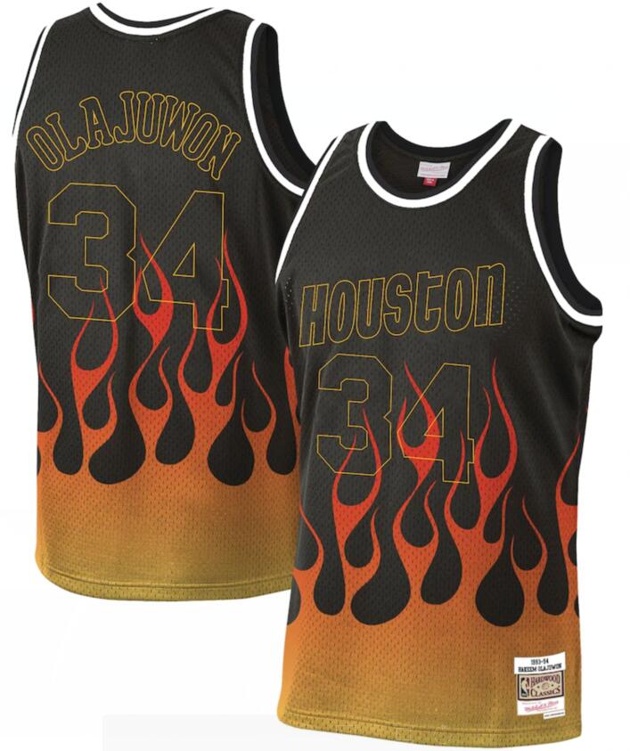 Rockets 34 Hakeem Olajuwon Black 1993-94 Hardwood Classics Flames Swingman Jersey