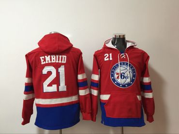 Philadelphia 76ers 21 Joel Embiid Red All Stitched Hooded Sweatshirt