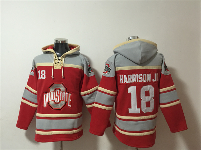 Men's Ohio State Buckeyes #18 Marvin Harrison JR. Red GreyAgeless Must-Have Lace-Up Pullover Hoodie
