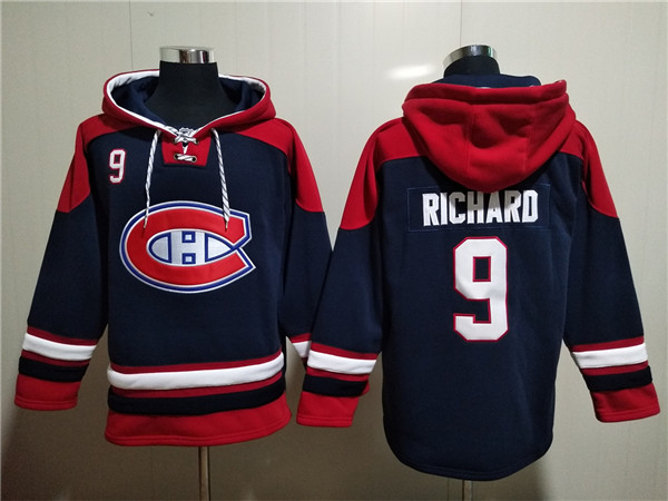 Men's Montreal Canadiens #9 Maurice Richard Navy Red Lace-Up Pullover Hoodie