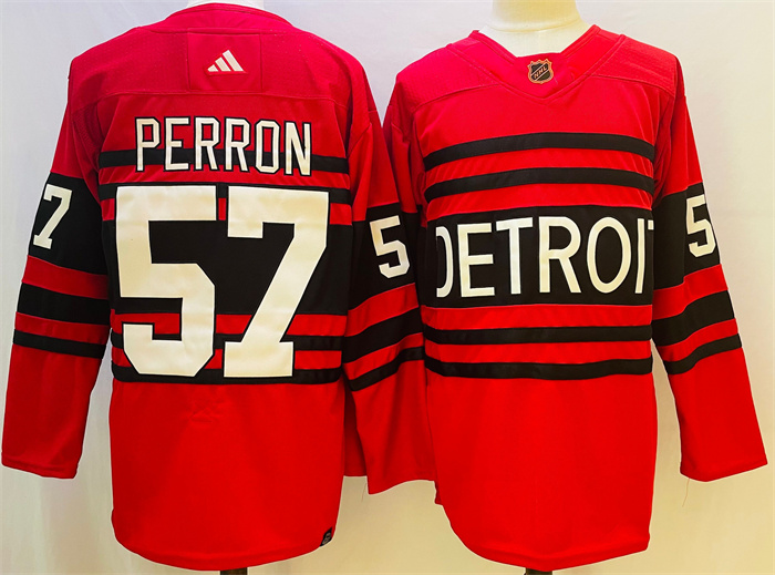 Men's Detroit Red Wings #57 David Perron Red 2022 23 Reverse Retro Stitched Jersey