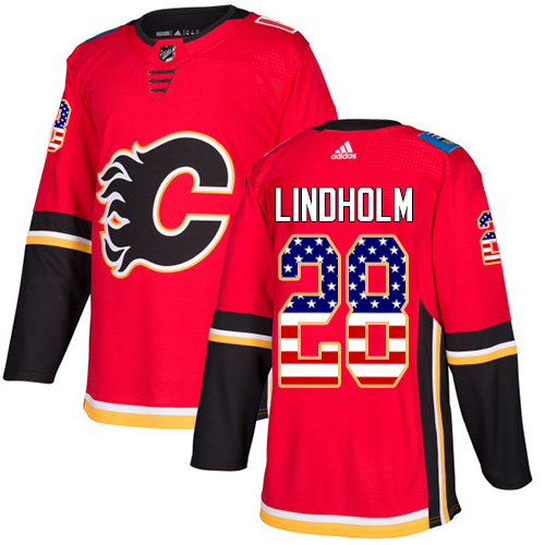 Flames #28 Elias Lindholm Red Home Authentic USA Flag Stitched Hockey Jersey