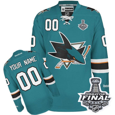Men's Reebok San Jose Sharks Customized Authentic Teal Green Home 2016 Stanley Cup Final Bound NHL Jersey
