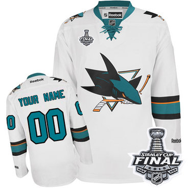 Youth Reebok San Jose Sharks Customized Authentic White Away 2016 Stanley Cup Final Bound NHL Jersey