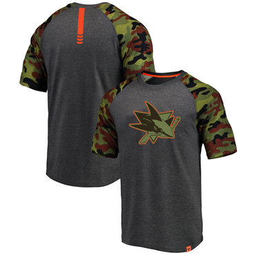 San Jose Sharks Fanatics Branded Heathered Gray Camo Recon Camo Raglan T-Shirt
