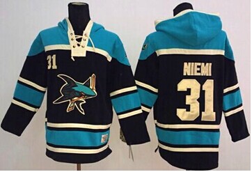 San Jose Sharks #31 Antti Niemi Black Sawyer Hooded Sweatshirt Stitched NHL Jersey