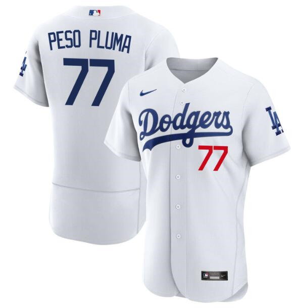 Men's Los Angeles Dodgers #77 Peso Pluma White Flex Base Stitched Baseball Jersey