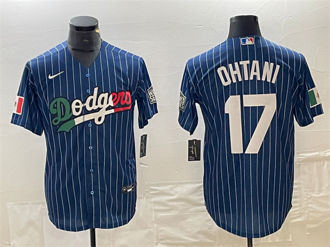 Men's Los Angeles Dodgers #17 Shohei Ohtani Navy Cool Base With Patch Stitched Baseball JerseyS