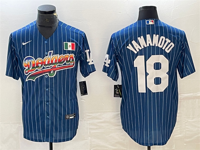 Men's Los Angeles Dodgers #18 Yoshinobu Yamamoto Navy Cool Base With Patch Stitched Baseball JerseyS 1