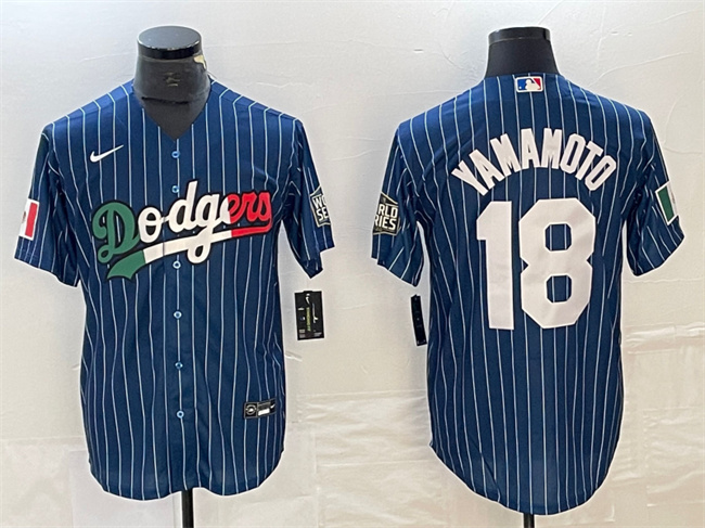 Men's Los Angeles Dodgers #18 Yoshinobu Yamamoto Navy Cool Base With Patch Stitched Baseball JerseyS