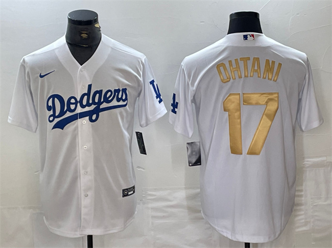 Men's Los Angeles Dodgers #17 Shohei Ohtani White Gold Cool Base Stitched Baseball Jersey