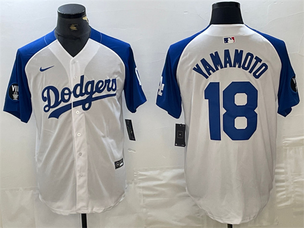 Men's Los Angeles Dodgers #18 Yoshinobu Yamamoto White Blue Vin Patch Cool Base Stitched Baseball Jersey