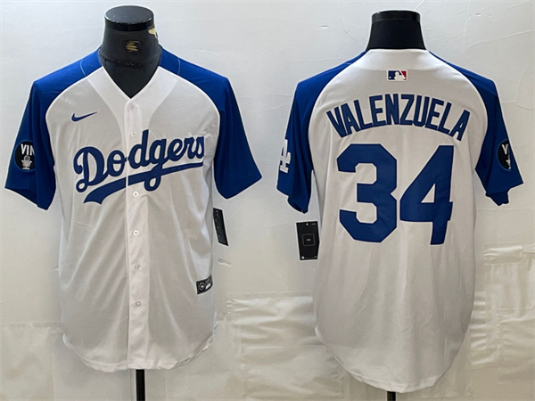 Men's Los Angeles Dodgers #34 Toro Valenzuela White Blue Vin Patch Cool Base Stitched Baseball Jersey