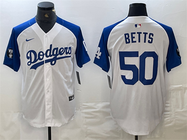 Men's Los Angeles Dodgers #50 Mookie Betts White Blue Vin Patch Cool Base Stitched Baseball Jersey