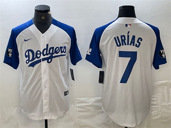 Men's Los Angeles Dodgers #7 Julio Urías White Blue Vin Patch Cool Base Stitched Baseball Jersey