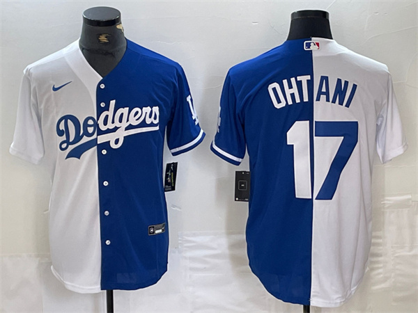 Men's Los Angeles Dodgers #17 Shohei Ohtani White Blue Split Cool Base Stitched Baseball Jersey