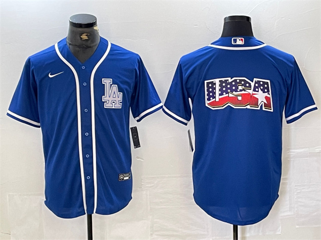 Men's Los Angeles Dodgers Team Big Logo Blue Cool Base Stitched Baseball Jersey 3
