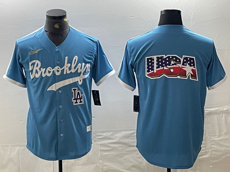 Men's Los Angeles Dodgers Team Big Logo Light Blue Throwback Cool Base Stitched Baseball Jersey 7