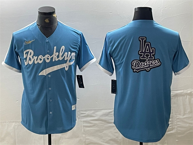 Men's Los Angeles Dodgers Team Big Logo Light Blue Throwback Cool Base Stitched Baseball Jersey 1