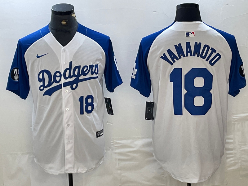 Men's Los Angeles Dodgers #18 Yoshinobu Yamamoto White Blue Vin Patch Cool Base Stitched Baseball Jersey 7