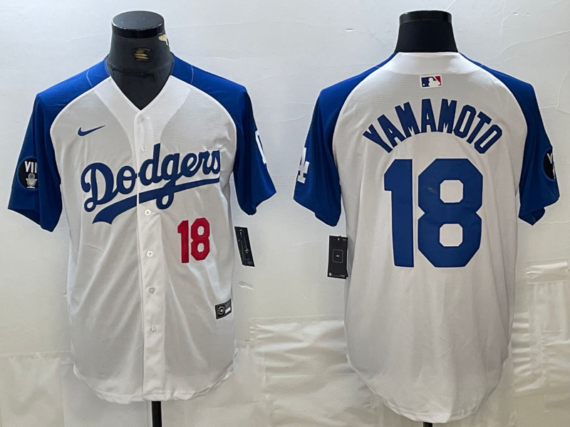 Men's Los Angeles Dodgers #18 Yoshinobu Yamamoto White Blue Vin Patch Cool Base Stitched Baseball Jersey 6