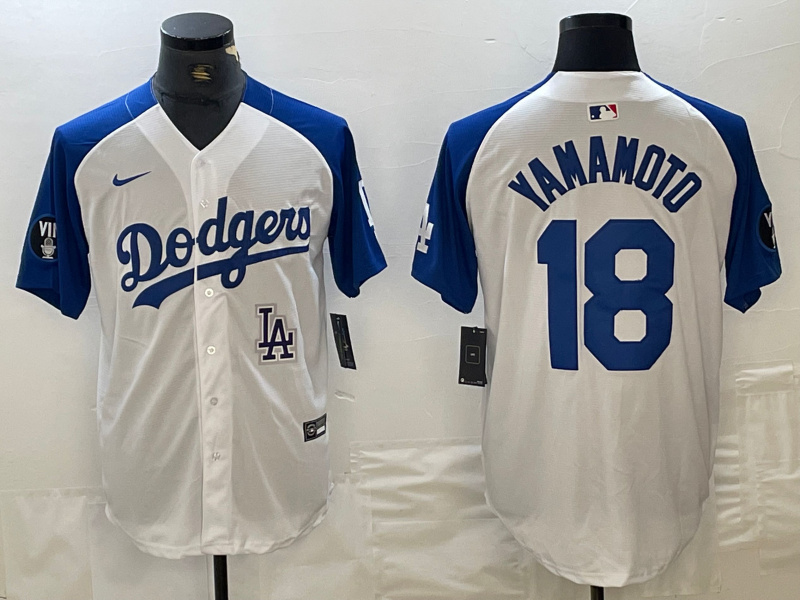 Men's Los Angeles Dodgers #18 Yoshinobu Yamamoto White Blue Vin Patch Cool Base Stitched Baseball Jersey 2