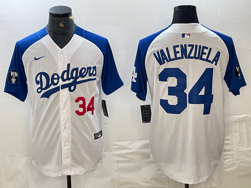 Men's Los Angeles Dodgers #34 Toro Valenzuela White Blue Vin Patch Cool Base Stitched Baseball Jersey 10