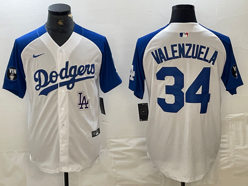 Men's Los Angeles Dodgers #34 Toro Valenzuela White Blue Vin Patch Cool Base Stitched Baseball Jersey 8