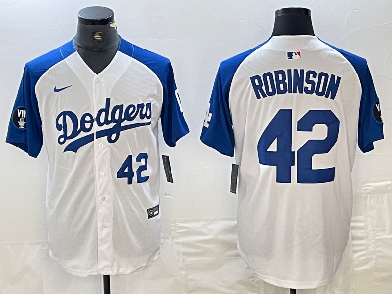 Men's Los Angeles Dodgers #42 Jackie Robinson White Blue Vin Patch Cool Base Stitched Baseball Jersey 4