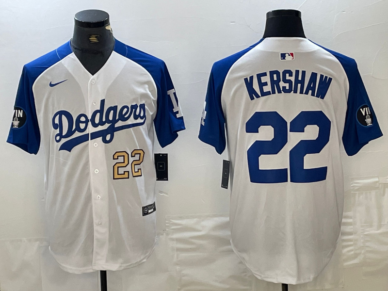 Men's Los Angeles Dodgers #22 Clayton Kershaw White Blue Vin Patch Cool Base Stitched Baseball Jersey 9