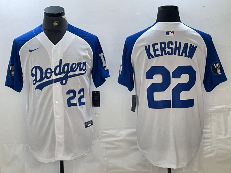 Men's Los Angeles Dodgers #22 Clayton Kershaw White Blue Vin Patch Cool Base Stitched Baseball Jersey 3