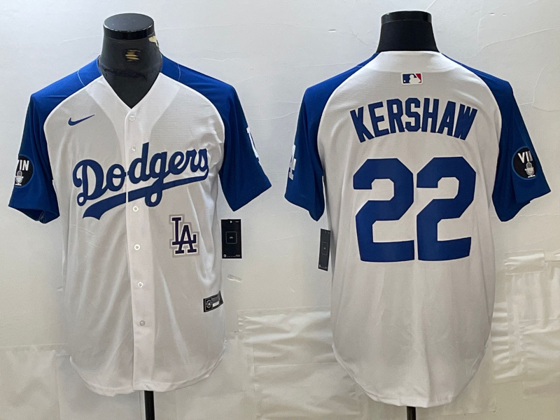 Men's Los Angeles Dodgers #22 Clayton Kershaw White Blue Vin Patch Cool Base Stitched Baseball Jersey 1