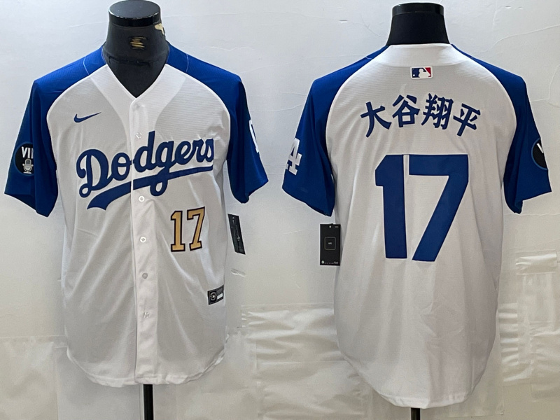 Men's Los Angeles Dodgers #17 Shohei Ohtani White Blue Vin Patch Cool Base Stitched Baseball Jersey 4