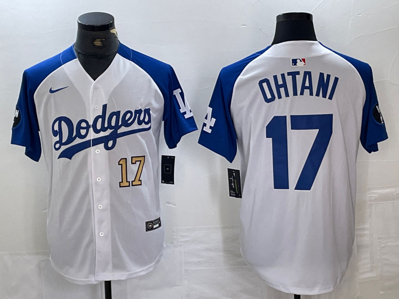 Men's Los Angeles Dodgers #17 Shohei Ohtani White Blue Vin Patch Cool Base Stitched Baseball Jersey 1