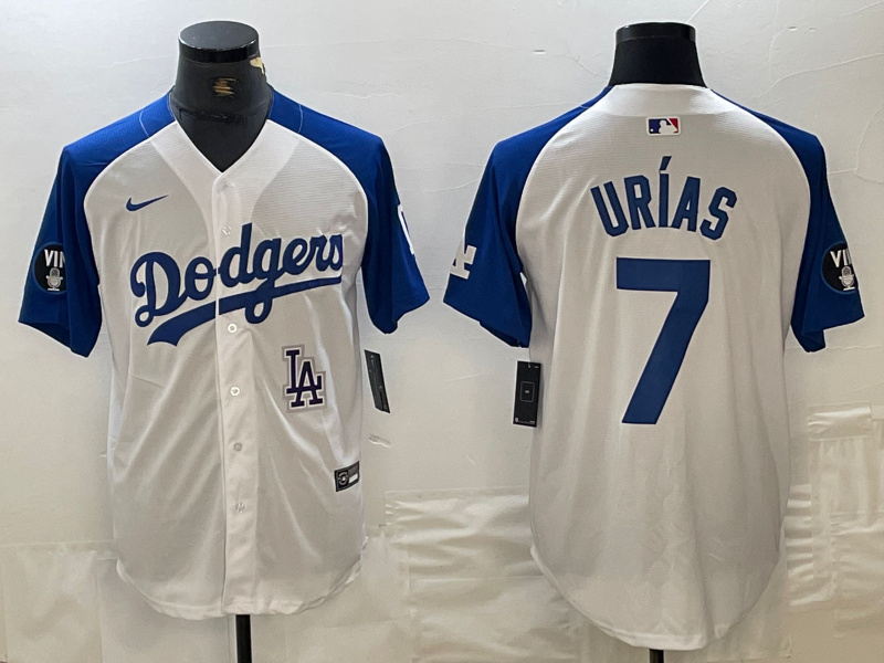 Men's Los Angeles Dodgers #7 Julio Urías White Blue Vin Patch Cool Base Stitched Baseball Jersey 9