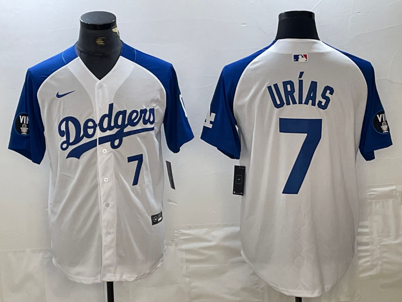 Men's Los Angeles Dodgers #7 Julio Urías White Blue Vin Patch Cool Base Stitched Baseball Jersey 1