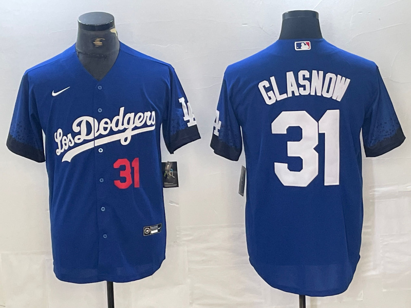 Men's Los Angeles Dodgers #31 Tyler Glasnow Blue City Connect Cool Base Stitched Baseball Jersey 4