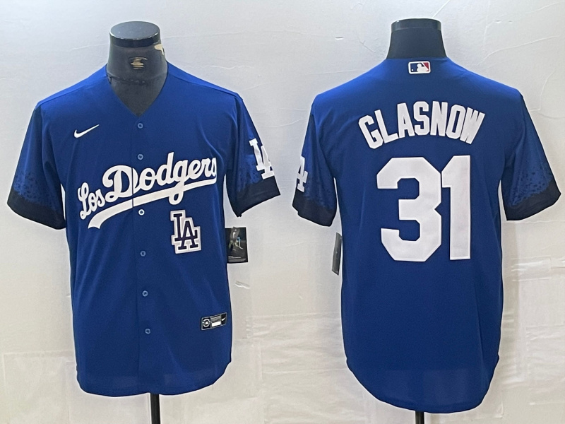 Men's Los Angeles Dodgers #31 Tyler Glasnow Blue City Connect Cool Base Stitched Baseball Jersey 2
