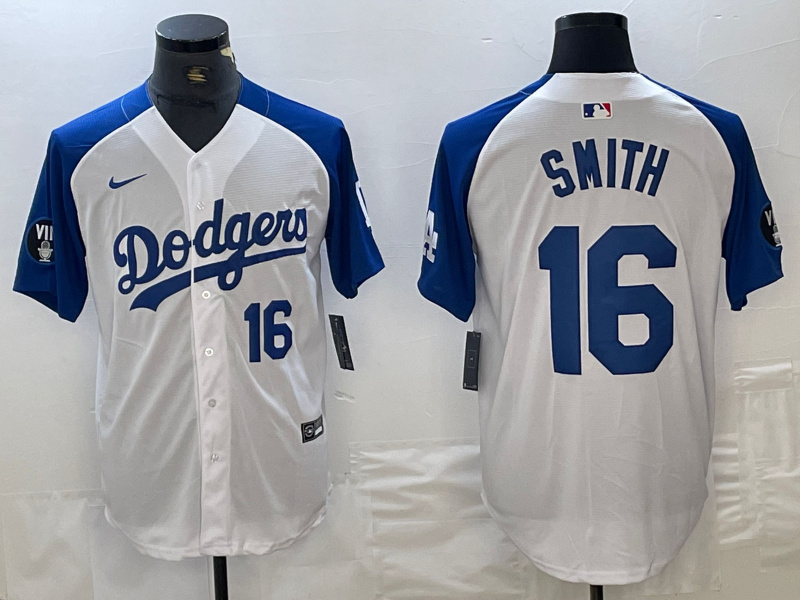 Men's Los Angeles Dodgers #16 Will Smith White Blue Vin Patch Cool Base Stitched Baseball Jersey 8