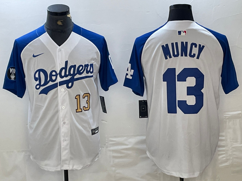 Men's Los Angeles Dodgers #13 Max Muncy White Blue Vin Patch Cool Base Stitched Baseball Jersey 4
