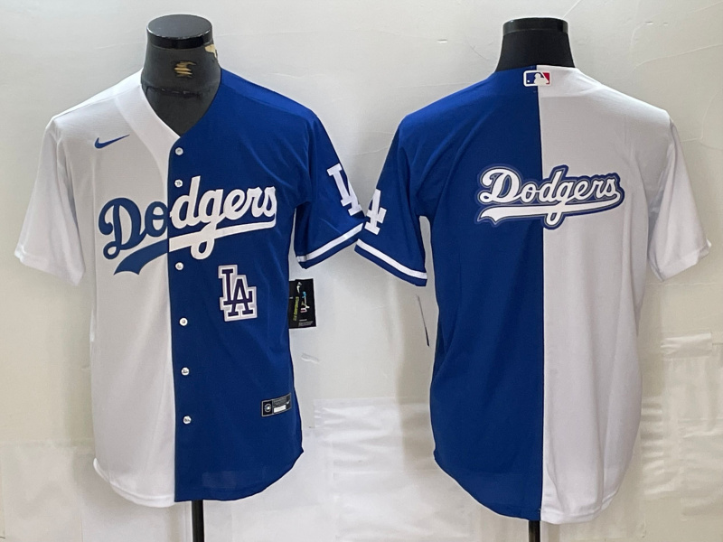 Men's Los Angeles Dodgers Team Big Logo White Blue Split Cool Base Stitched Baseball Jersey 8