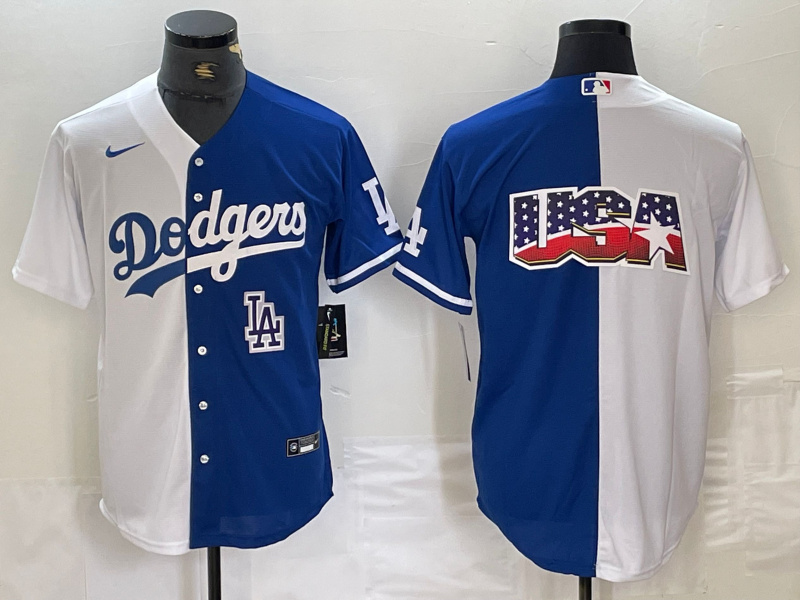 Men's Los Angeles Dodgers Team Big Logo White Blue Split Cool Base Stitched Baseball Jersey 7