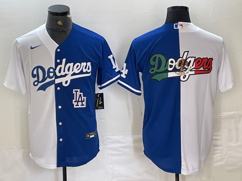 Men's Los Angeles Dodgers Team Big Logo White Blue Split Cool Base Stitched Baseball Jersey 5