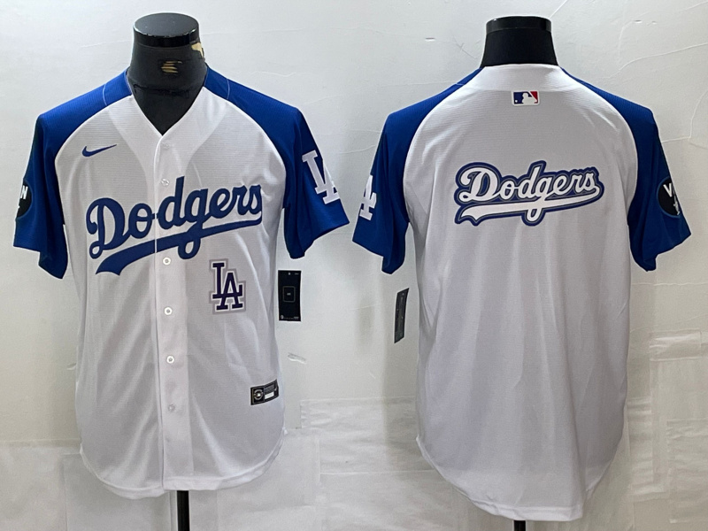 Men's Los Angeles Dodgers big logo White Blue Vin Patch Cool Base Stitched Baseball Jersey 15