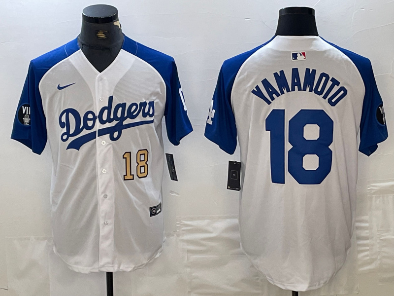 Men's Los Angeles Dodgers #18 山本由伸 White Blue Vin Patch Cool Base Stitched Baseball Jersey 19