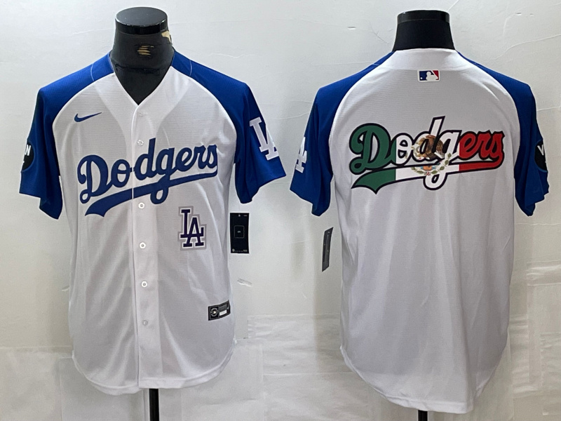 Men's Los Angeles Dodgers Big Logo White Blue Vin Patch Cool Base Stitched Baseball Jersey 2
