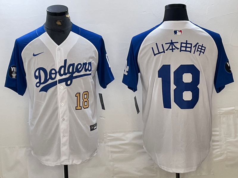 Men's Los Angeles Dodgers #18 山本由伸 White Blue Vin Patch Cool Base Stitched Baseball Jersey 6