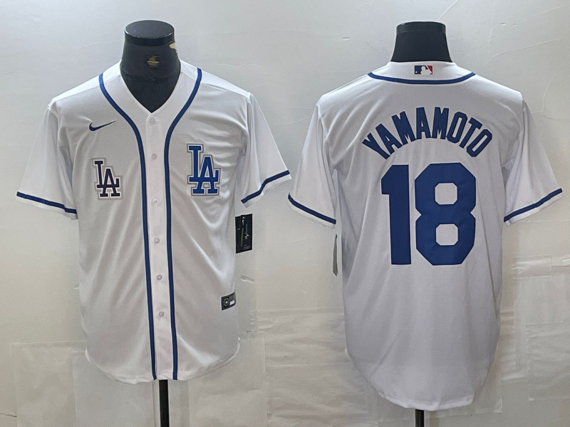 Men's Los Angeles Dodgers #18 Yoshinobu Yamamoto White Cool Base Stitched Baseball Jersey 2