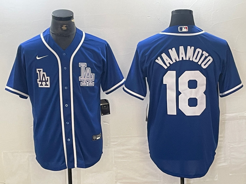 Men's Los Angeles Dodgers #18 Yoshinobu Yamamoto Blue Cool Base Stitched Baseball Jersey 1