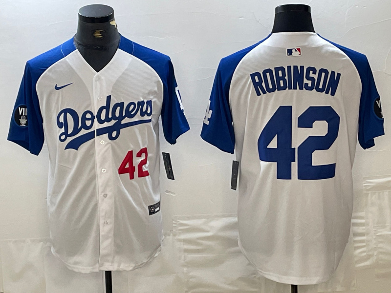 Men's Los Angeles Dodgers #42 Jackie Robinson White Blue Vin Patch Cool Base Stitched Baseball Jersey ebjerseys.com